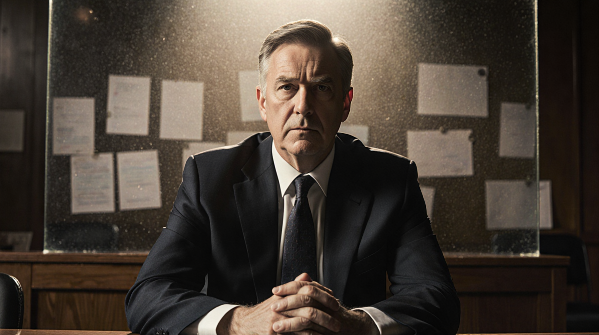 Jack Smith sits at a wooden hearing table with his hands clasped face shows intense determination glow and documents behind.