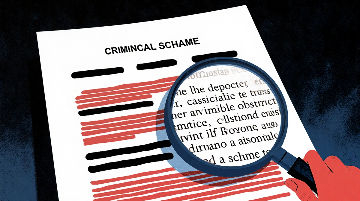 Redacted document showing black redaction bars with magnifying glass revealing deposition testimony text and highlighting key