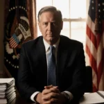 Jack Smith stands confidently with clasped hands and legal documents on wooden table with American flag visible through windo