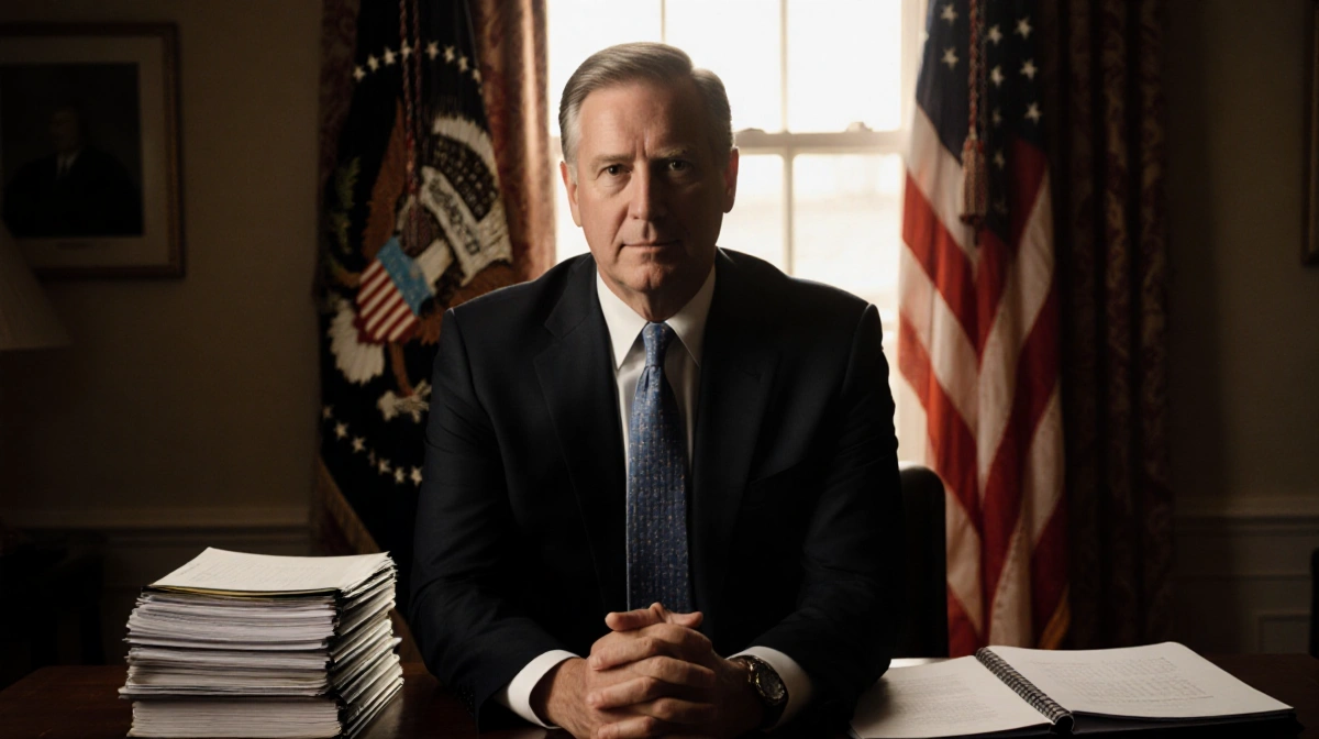 Jack Smith stands confidently with clasped hands and legal documents on wooden table with American flag visible through windo