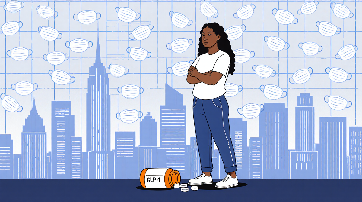 Jackée Harry stands with arms crossed with a GLP-1 medication bottle on the floor cityscape backdrop.
