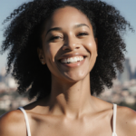 Jackée Harry smiles confidently at camera with subtle facelift glow and blurred cityscape in background