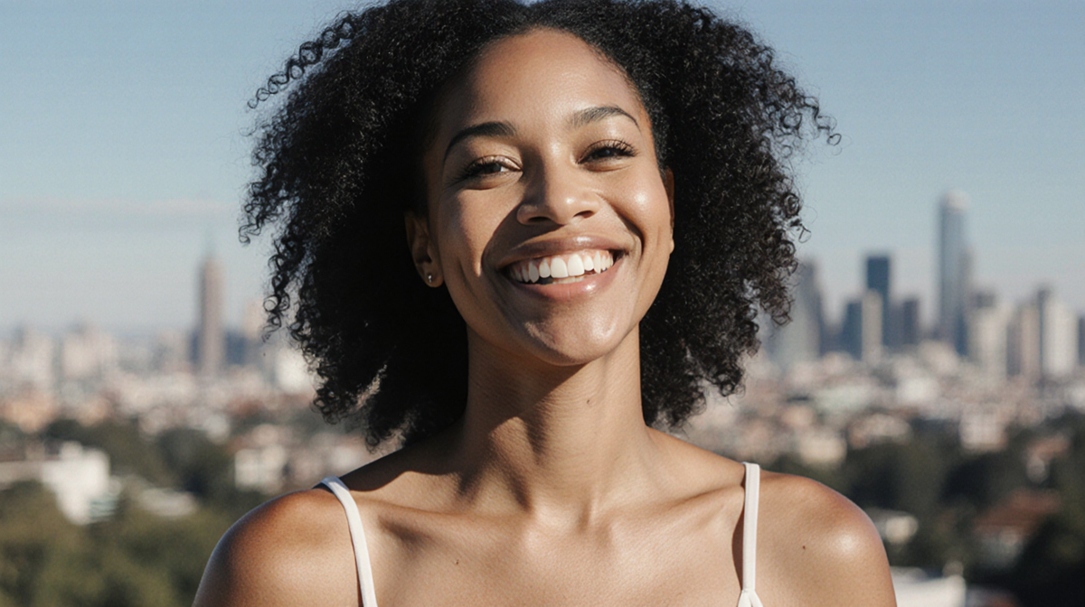 Jackée Harry smiles confidently at camera with subtle facelift glow and blurred cityscape in background
