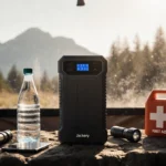 Jackery Explorer 1000 V2 portable power station sits on camping table with water bottle and flashlight showing LED display