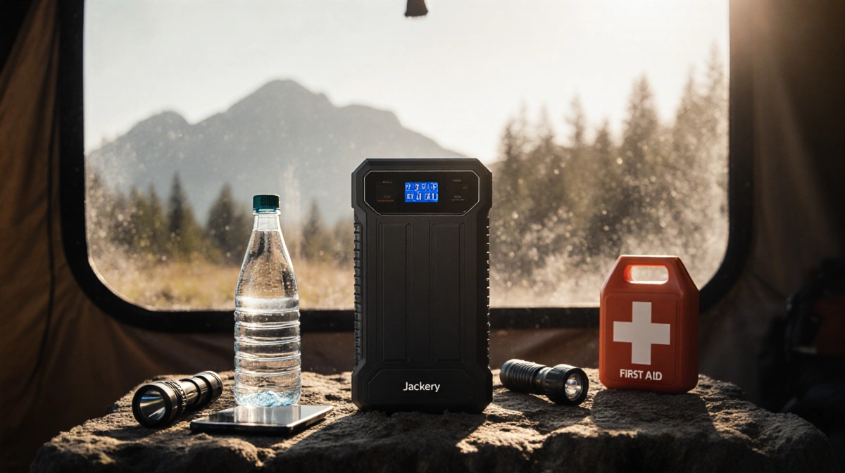 Jackery Explorer 1000 V2 portable power station sits on camping table with water bottle and flashlight showing LED display