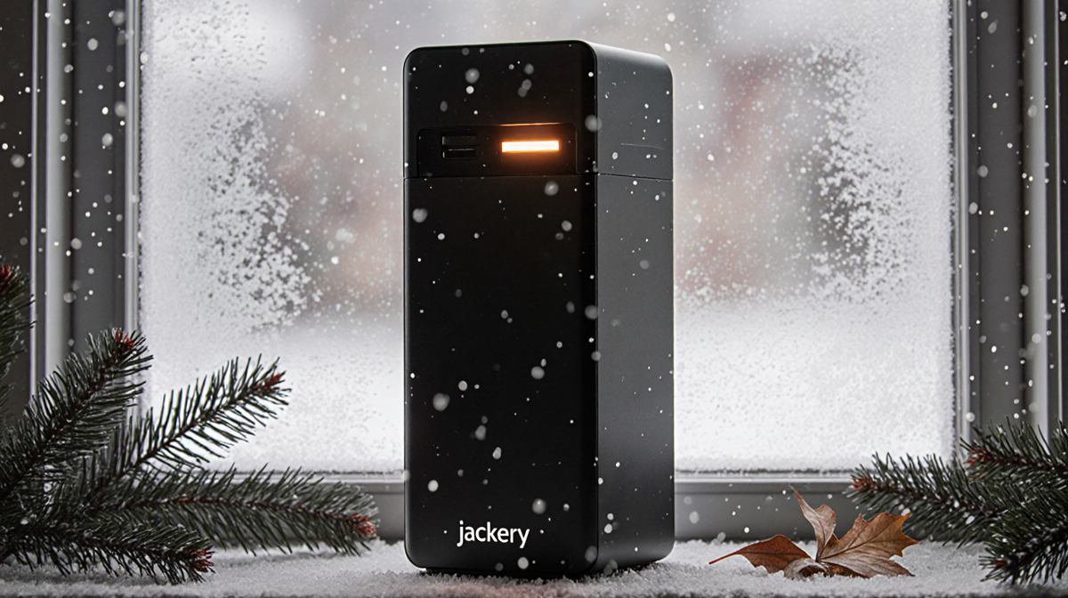 Jackery HomePower 3000 glows with warm LED light and snowflakes fall outside a frosty window
