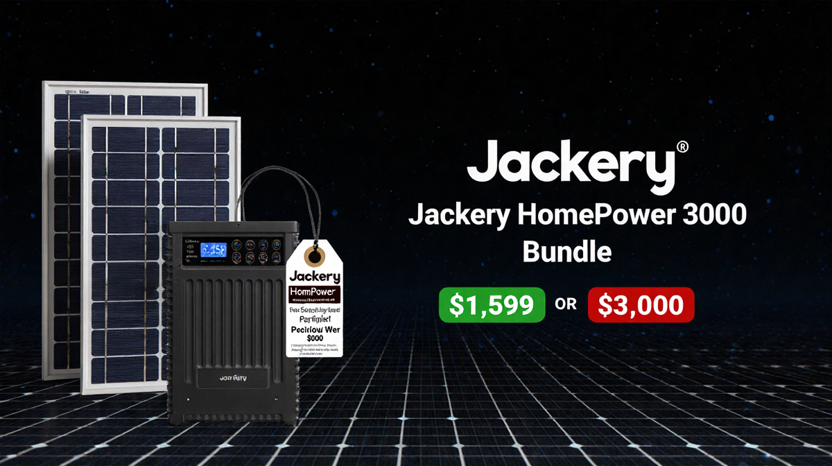 Jackery HomePower 3000 bundle showing discount price with two solar panels and original price tag