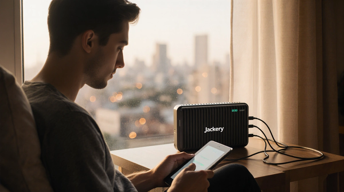 Person charging laptop with Jackery Explorer 300 power station and warm window light showing prepared home setup