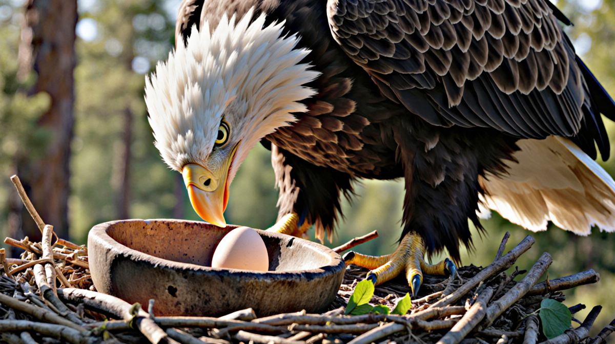 Jackie the Big Bear bald eagle gently placing her first egg into a handcrafted rustic bowl with twigs and leaves in a nest