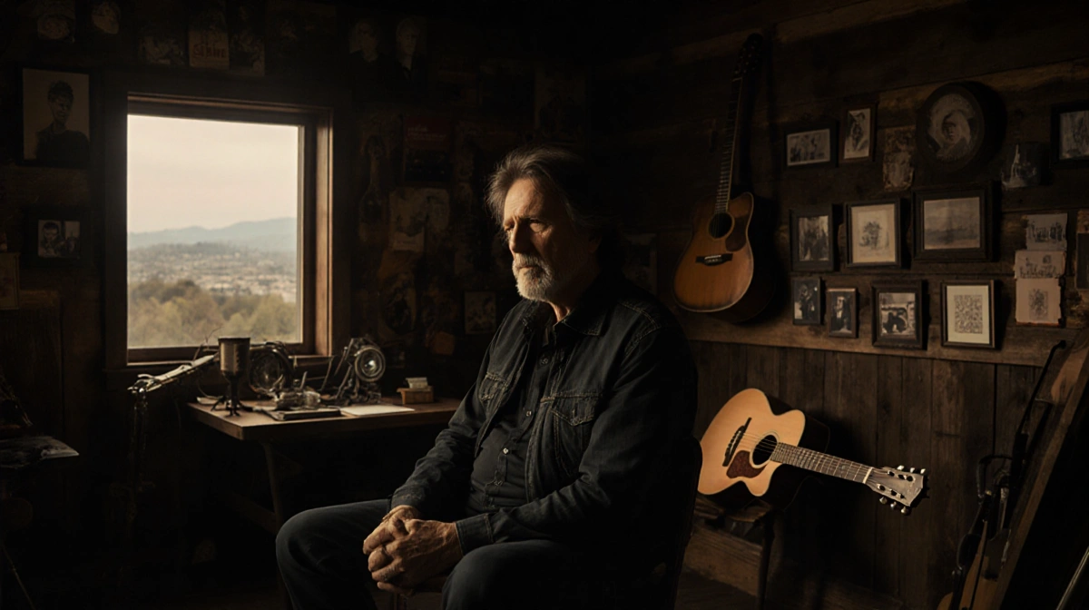 Jackson Browne sits alone with vintage guitars on the wall and family photos showing his contemplative expression