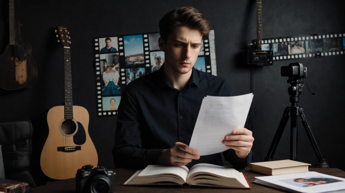 Jackson James White practicing acting with script in hand and acoustic guitar nearby with filmstrip pattern on wall