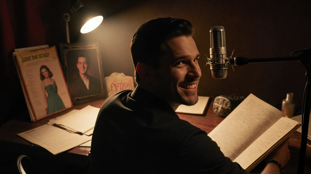 Jackson White sits at microphone with scripts and props around him and Katey Sagal blurred behind him