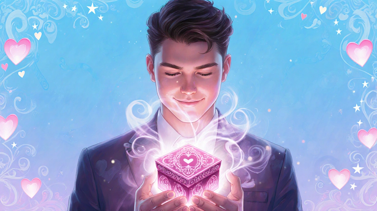 Jacob Batalon holding glowing Valentine's box with swirling magic hearts and stars around him