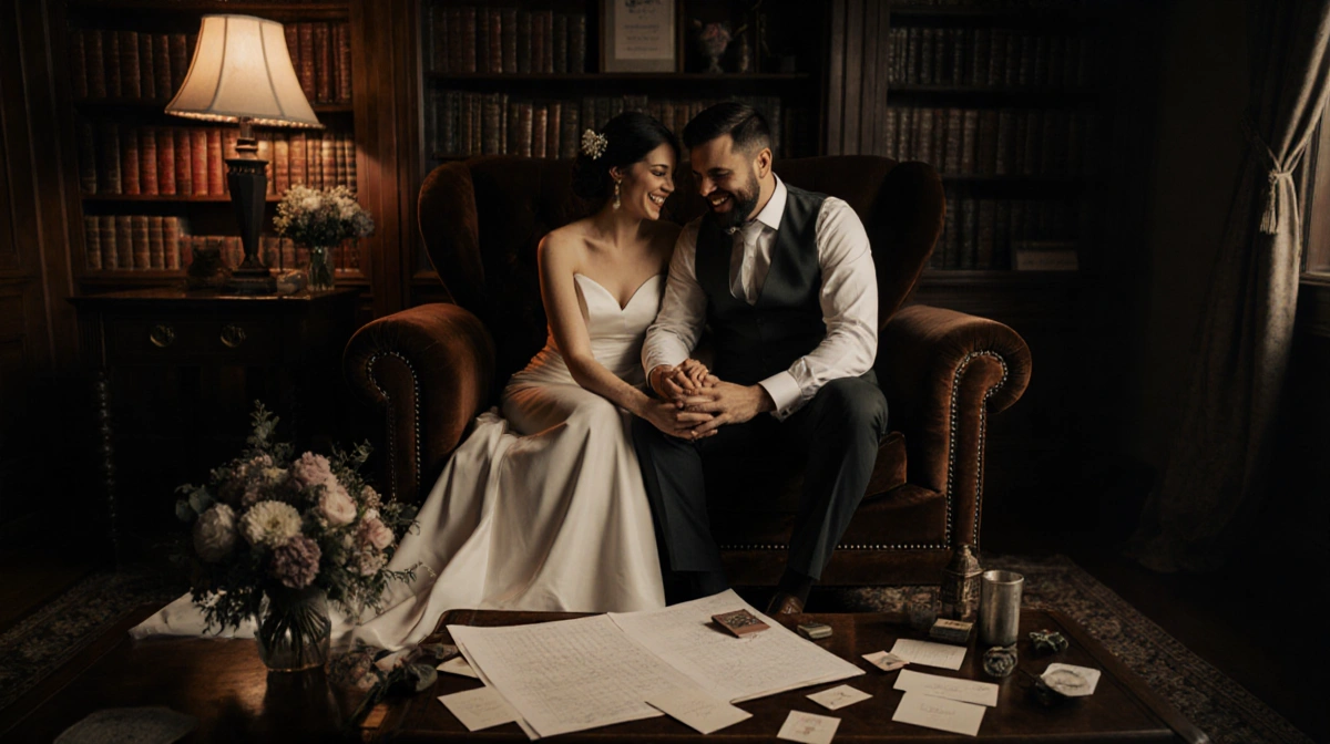 Jacob Batalon and fiancée planning wedding with flowers and stationery on couch