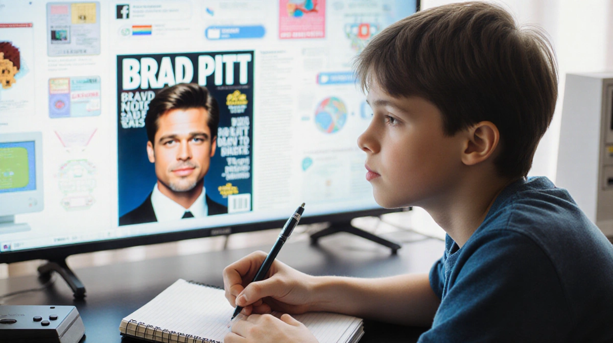 Young teen writes in notebook while watching Brad Pitt on screen with 90s tech and nostalgic vibe