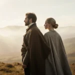 Jacob Elordi and Margot Robbie stand back-to-back in 19th-century attire with Yorkshire moorland stretching behind them
