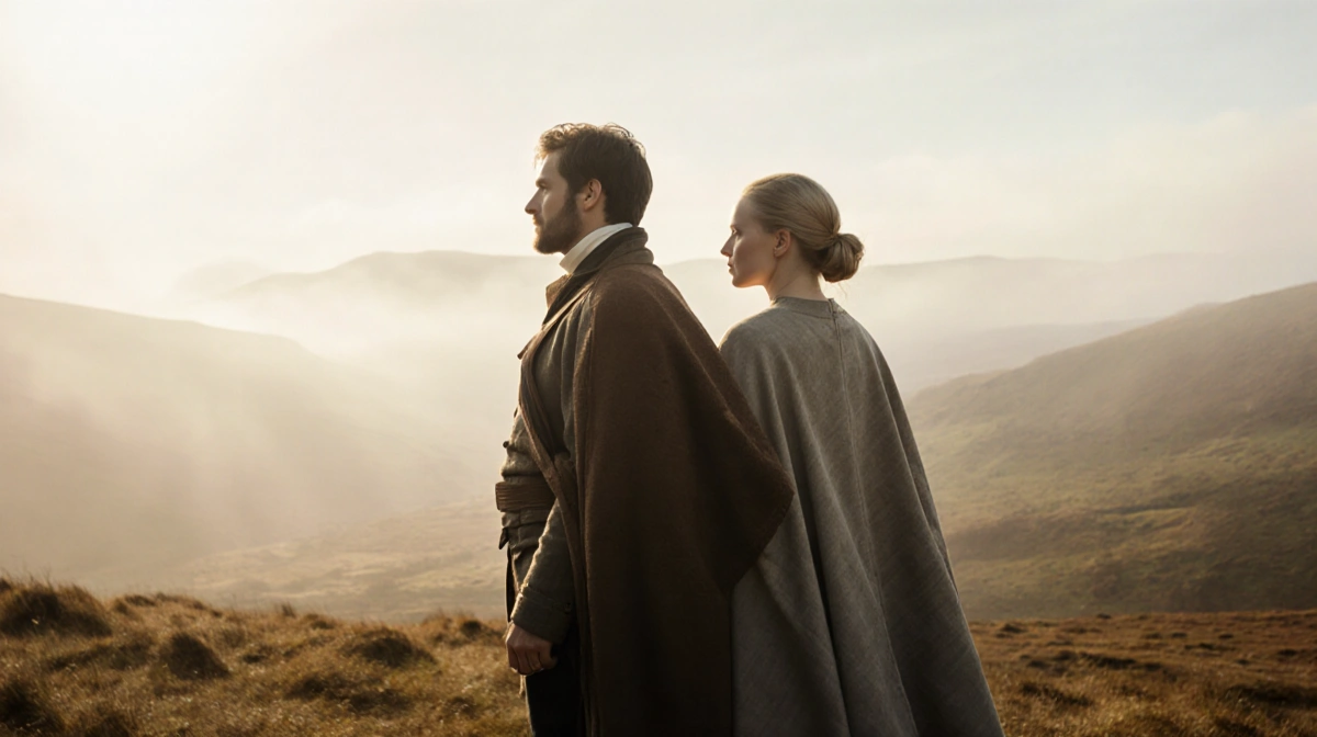 Jacob Elordi and Margot Robbie stand back-to-back in 19th-century attire with Yorkshire moorland stretching behind them