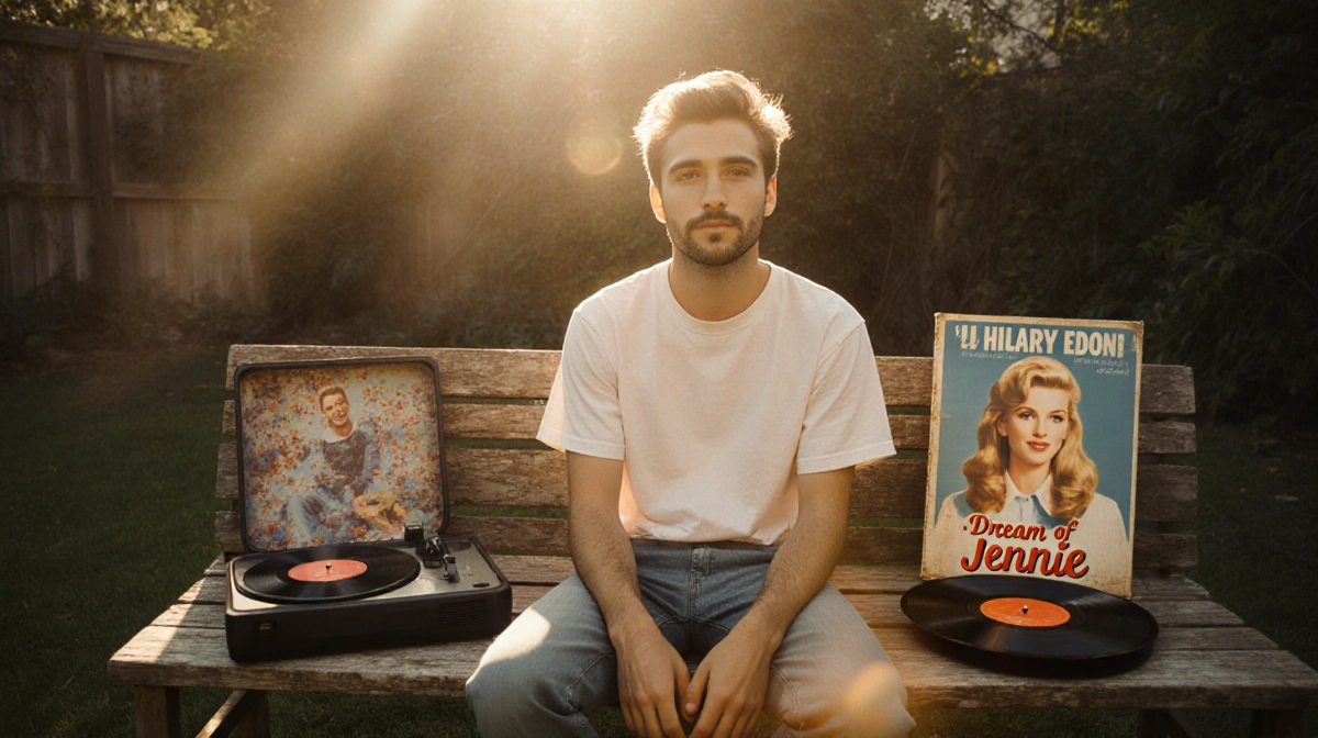 Jacob Elordi relaxes in backyard with vintage record player and faded Hilary Duff poster