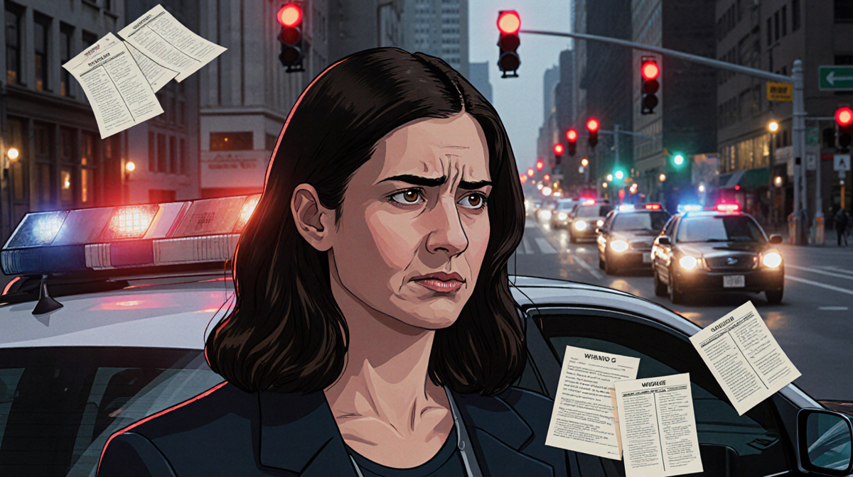 Jacqueline Hernandez standing beside a flashing police car with detective notes near a city intersection.