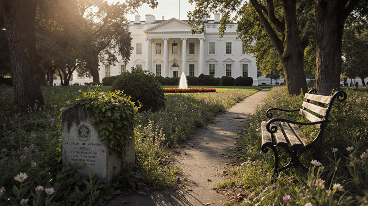 Garden path winds toward an ivy‑covered stone bench with flowers under warm light near the East Wing of the White House.