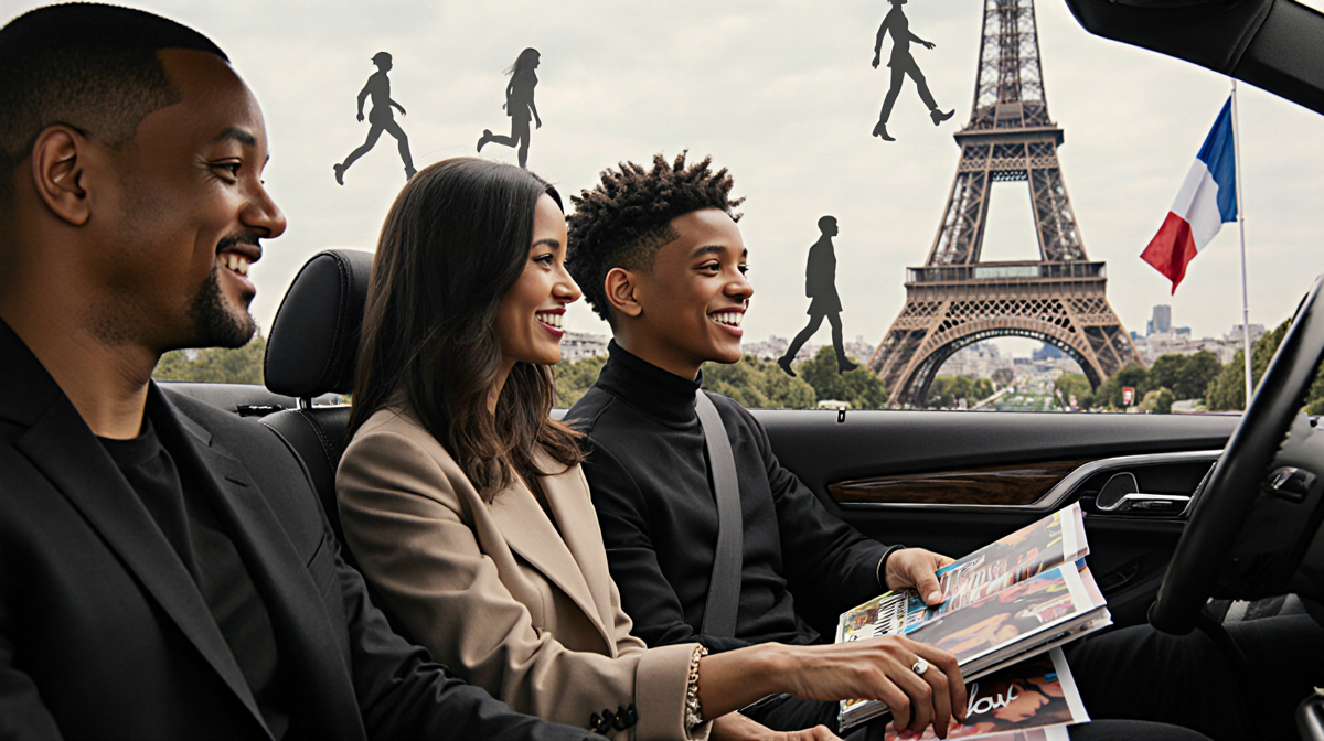 Jaden Smith driving his car in Paris with his parents and the Eiffel Tower silhouettes and French flag waving behind the car