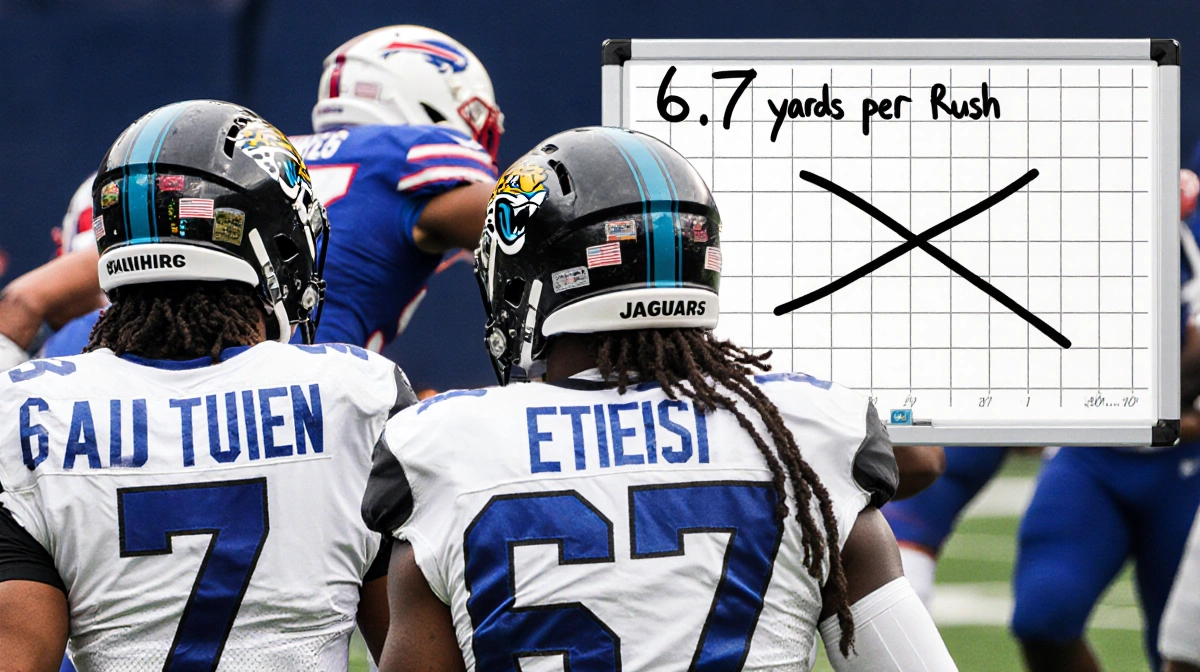 Jaguars players standing with backs turned to camera near a whiteboard showing 6.7 yards per rush with an X through the play 