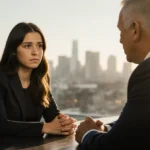 Female reporter facing Jaguars coach with tense expression and clasped hands under golden press conference lighting