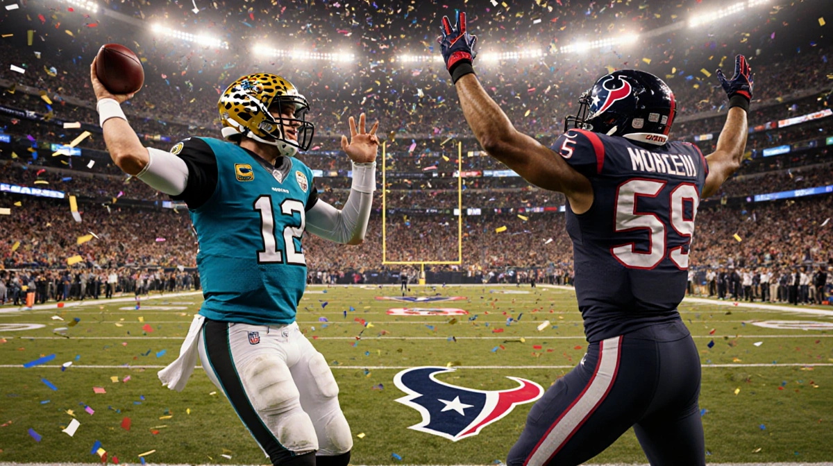 Jaguars quarterback celebrating on field with NFL confetti and a packed stadium full of fans.