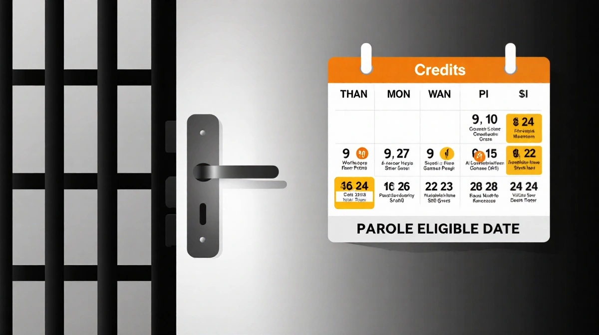 Jail cell door with calendar showing earned credits and parole eligibility date marked on handle