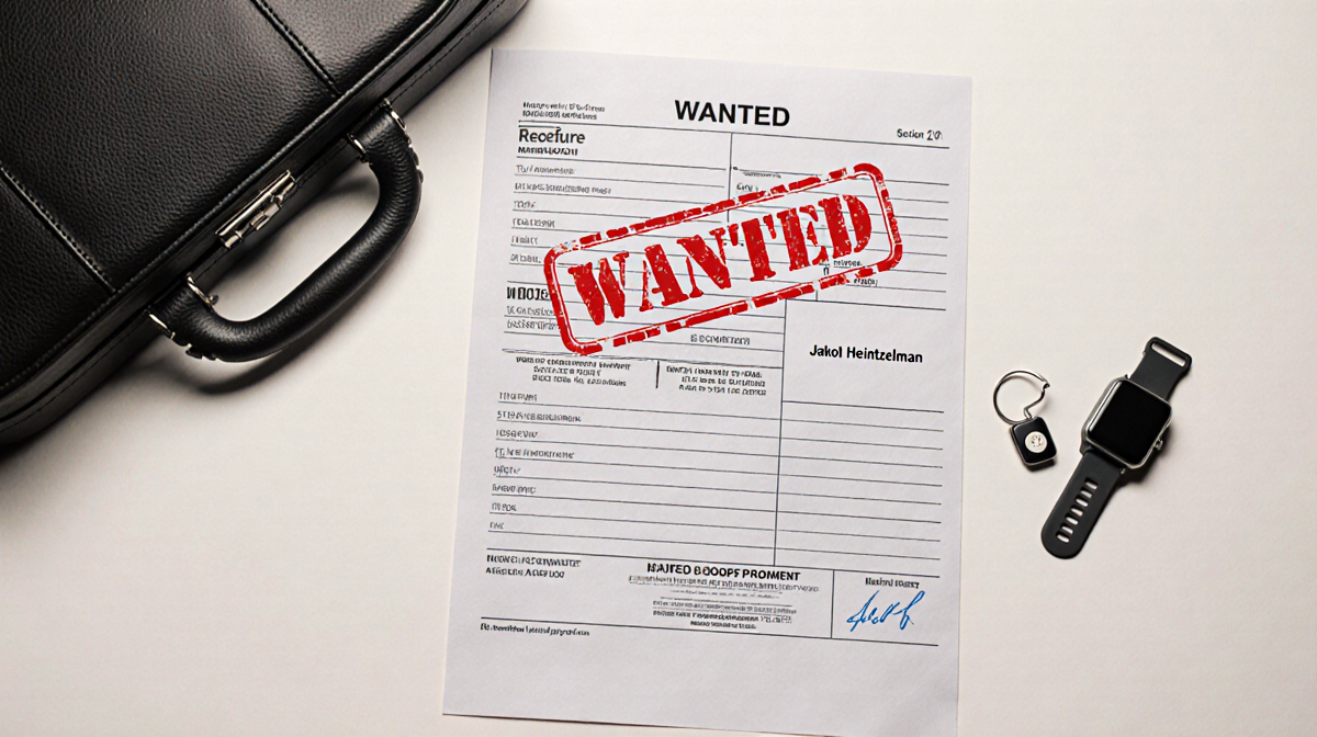 Document showing a wanted booking with red stamp and briefcase beside it while a smartwatch shows tracking