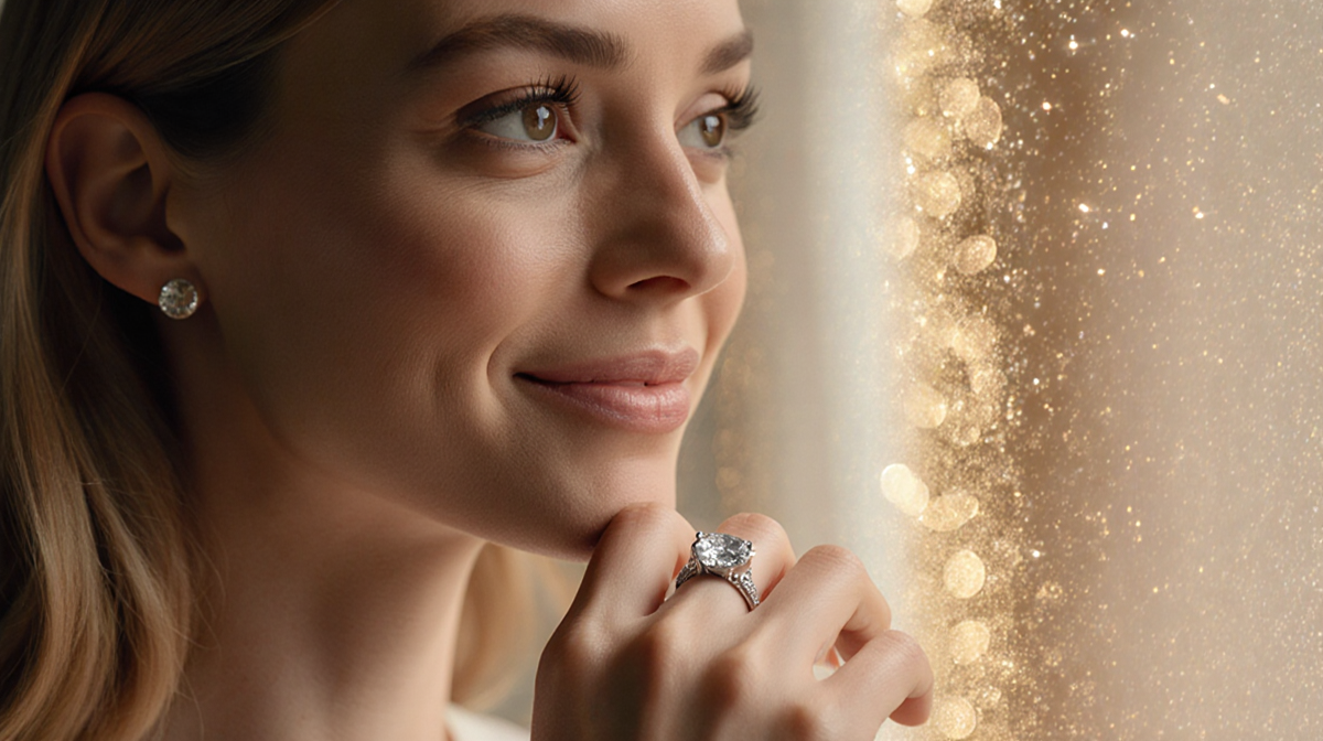 Jaime King smiles with a sparkling diamond ring on her left hand and gazing into the distance in a warm golden-lit room.