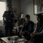 Reza sits on couch worried with police officer nearby and dim apartment light filtering in