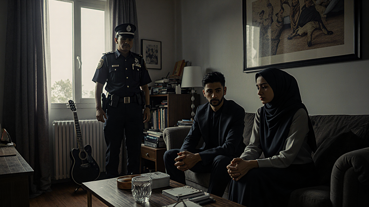 Reza sits on couch worried with police officer nearby and dim apartment light filtering in