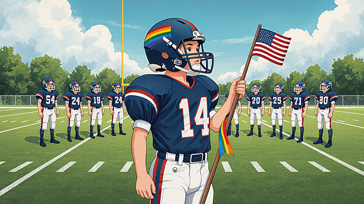 Young Jake Eldridge stands holding a long snapper stick with teammates on a football field helmet and a rainbow ribbon.