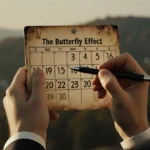 Man holding pen at calendar showing November 22 1963 with New Hampshire landscape behind