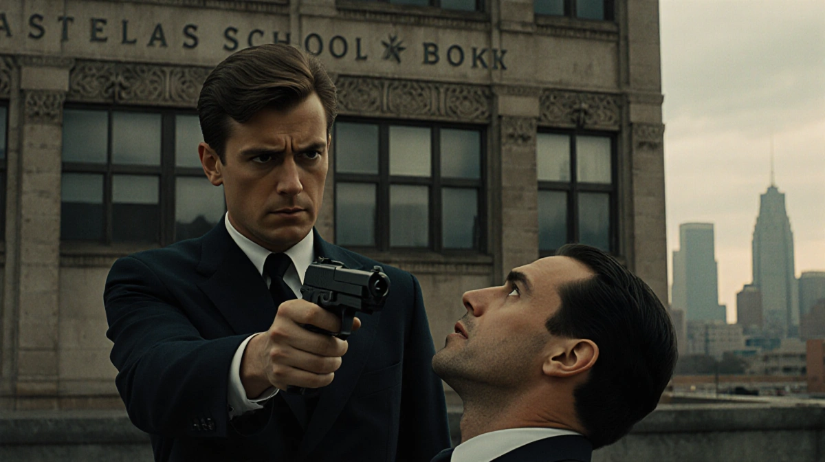 Jake Ewing pointing gun at Lee Harvey Oswald with Texas School Book Depository and Dallas skyline behind