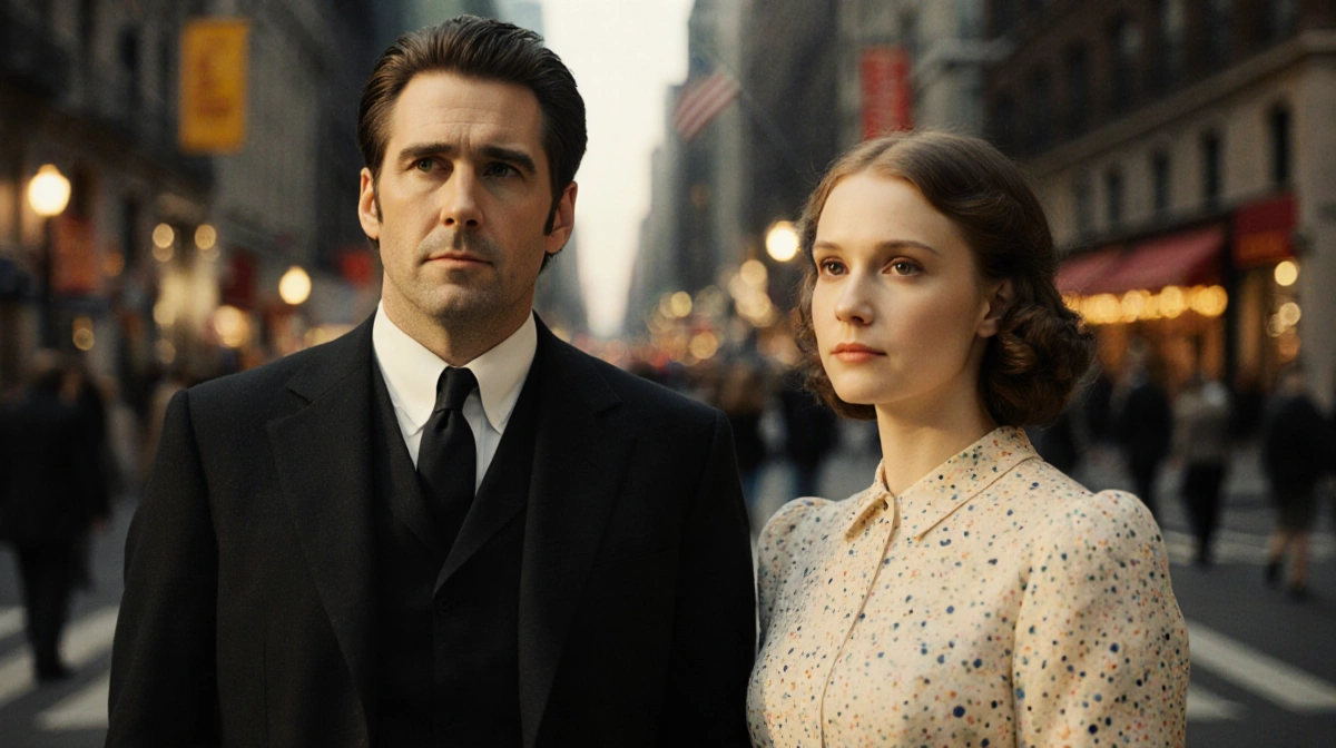 Jake Gyllenhaal and Annaleigh Ashford in costume as Seurat and Dot with Broadway theater backdrop and warm lighting