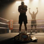 Jake Paul stands slumped in empty ring with gold light and Joshua reflected in foggy mirror beside abandoned title belt.