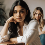 Jameela Jamil sits with arm on journal and gaze amid books and plants with Blake Lively