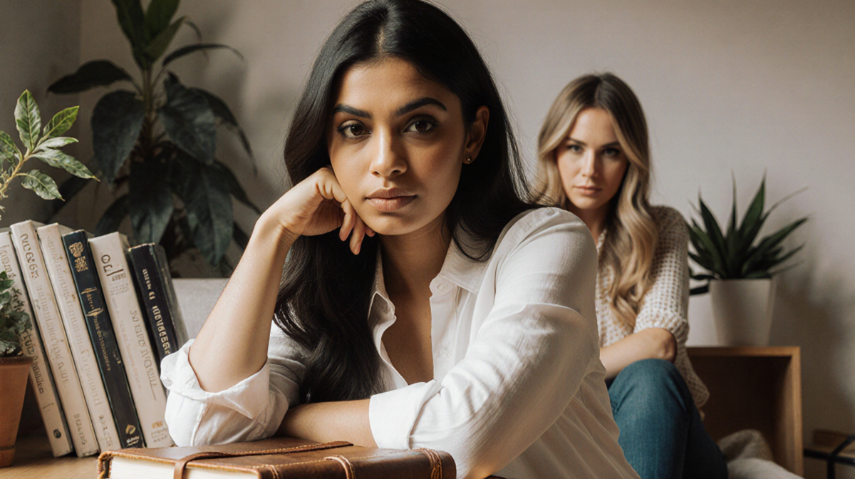 Jameela Jamil sits with arm on journal and gaze amid books and plants with Blake Lively