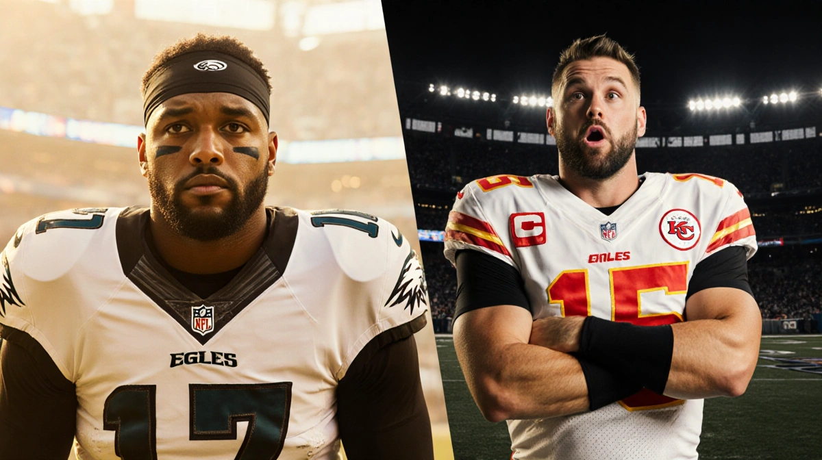 Jameis Winston talking with Jason Kelce and Travis Kelce showing shocked reaction at football stadium with warm golden lighti