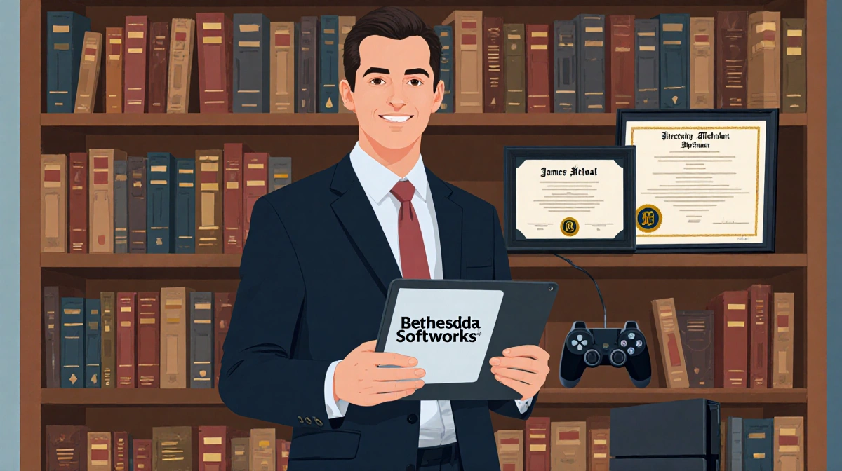 James Altman stands with tablet showing Bethesda logo and history books behind him with gaming controller nearby