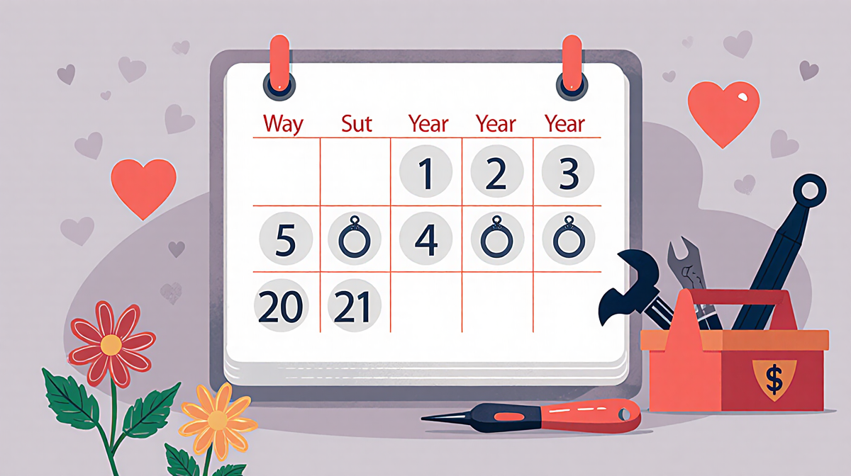 Calendar page illustrating four marriage dates with faded heart symbols and a tiny toolbox icon nearby.