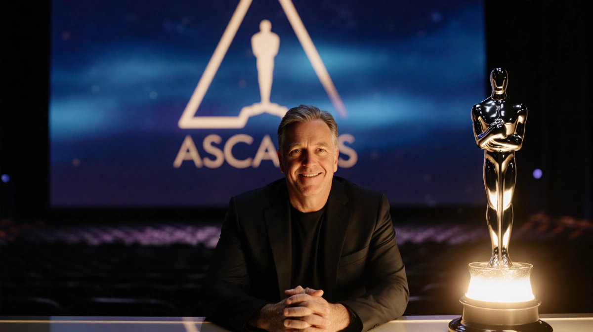 James Cameron sits confidently at desk with Academy Awards logo glowing behind him and trophy case beside him