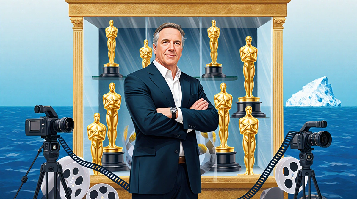 James Cameron stands before golden trophy case with 11 Oscars and Titanic Oscar centerpiece with film reels and iceberg silho