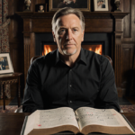 James Cameron sits in a study with a crackling fireplace and framed family photos and looks pensive at open book with notes.