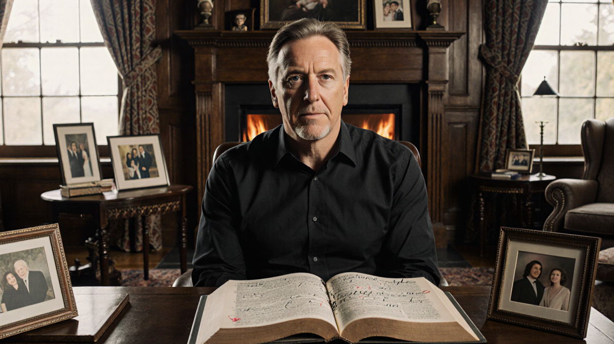 James Cameron sits in a study with a crackling fireplace and framed family photos and looks pensive at open book with notes.