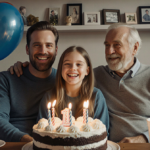 James Van Der Beek smiles with his daughter Annabel and a family birthday cake surrounded by balloons