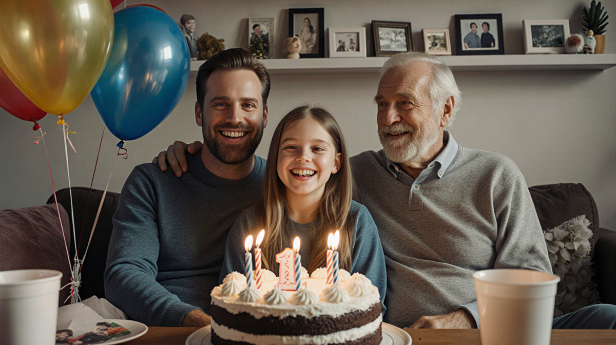 James Van Der Beek smiles with his daughter Annabel and a family birthday cake surrounded by balloons
