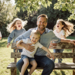 James Van Der Beek sits on a worn wooden bench with his children playing and laughing in a sunlit backyard.